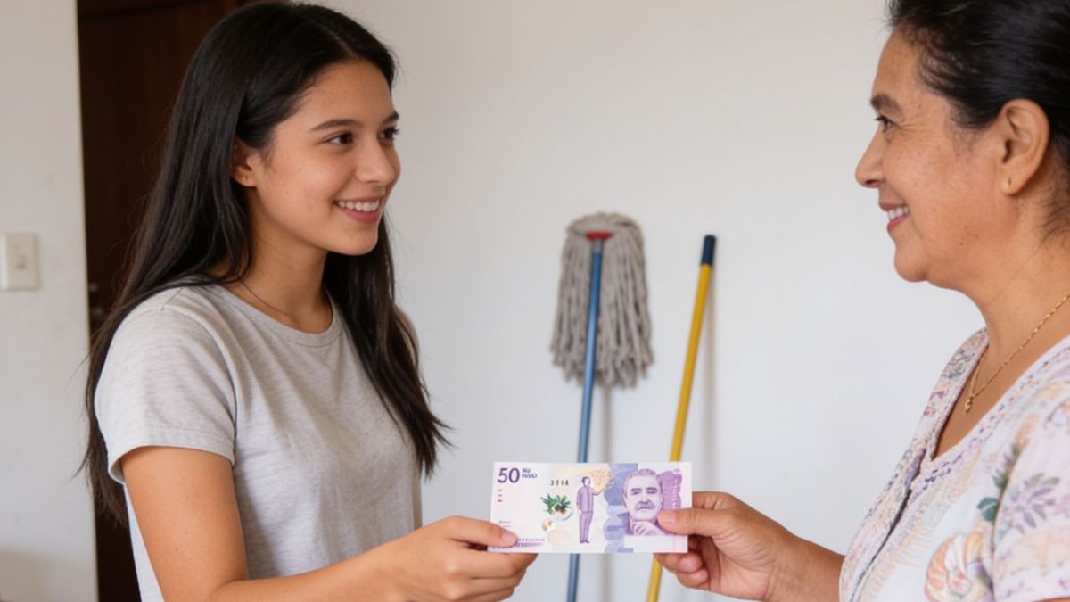 Mujer entregándole un billete a otra mujer