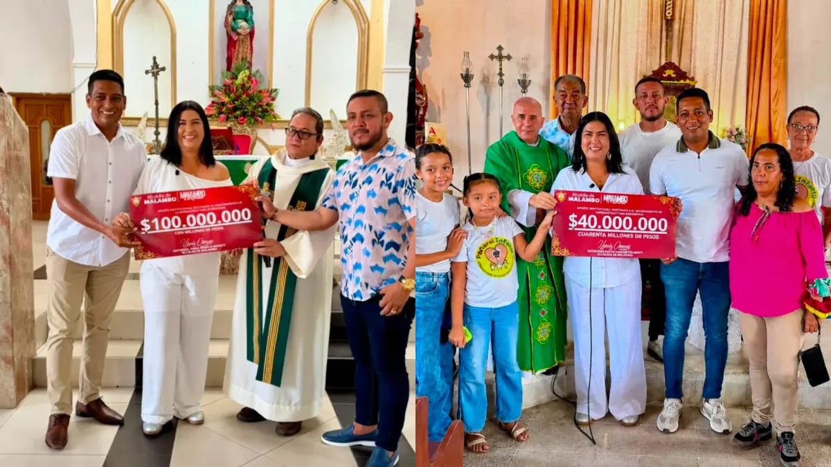 Fotografía de la alcaldesa de Malambo realizando entrega de cheques para inversión en Iglesias por fiestas patronales.