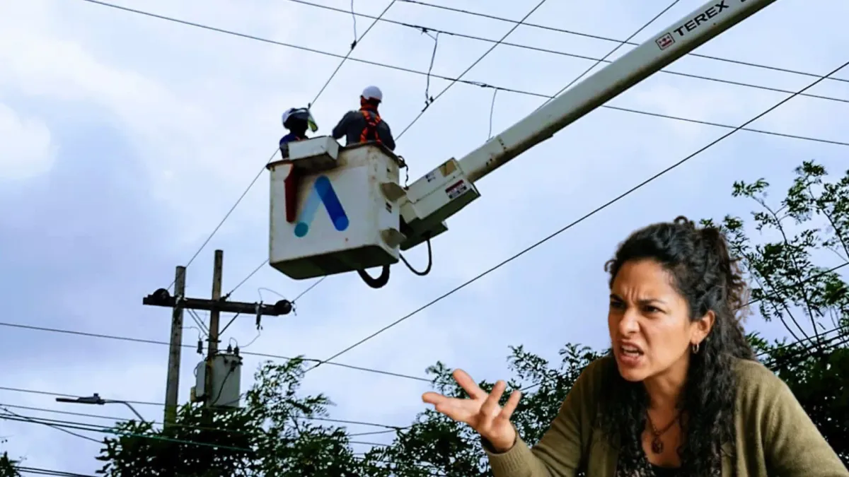Empleados de Air-e realizando un mantenimiento eléctrico y una mujer quejándose.