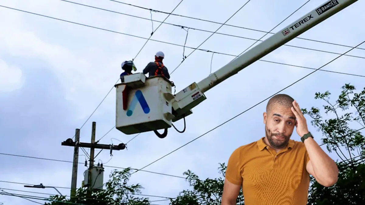 Imagen de Air-e Intervenida realizando mantenimiento del servicio de energía y un hombre quejándose ante la situación.