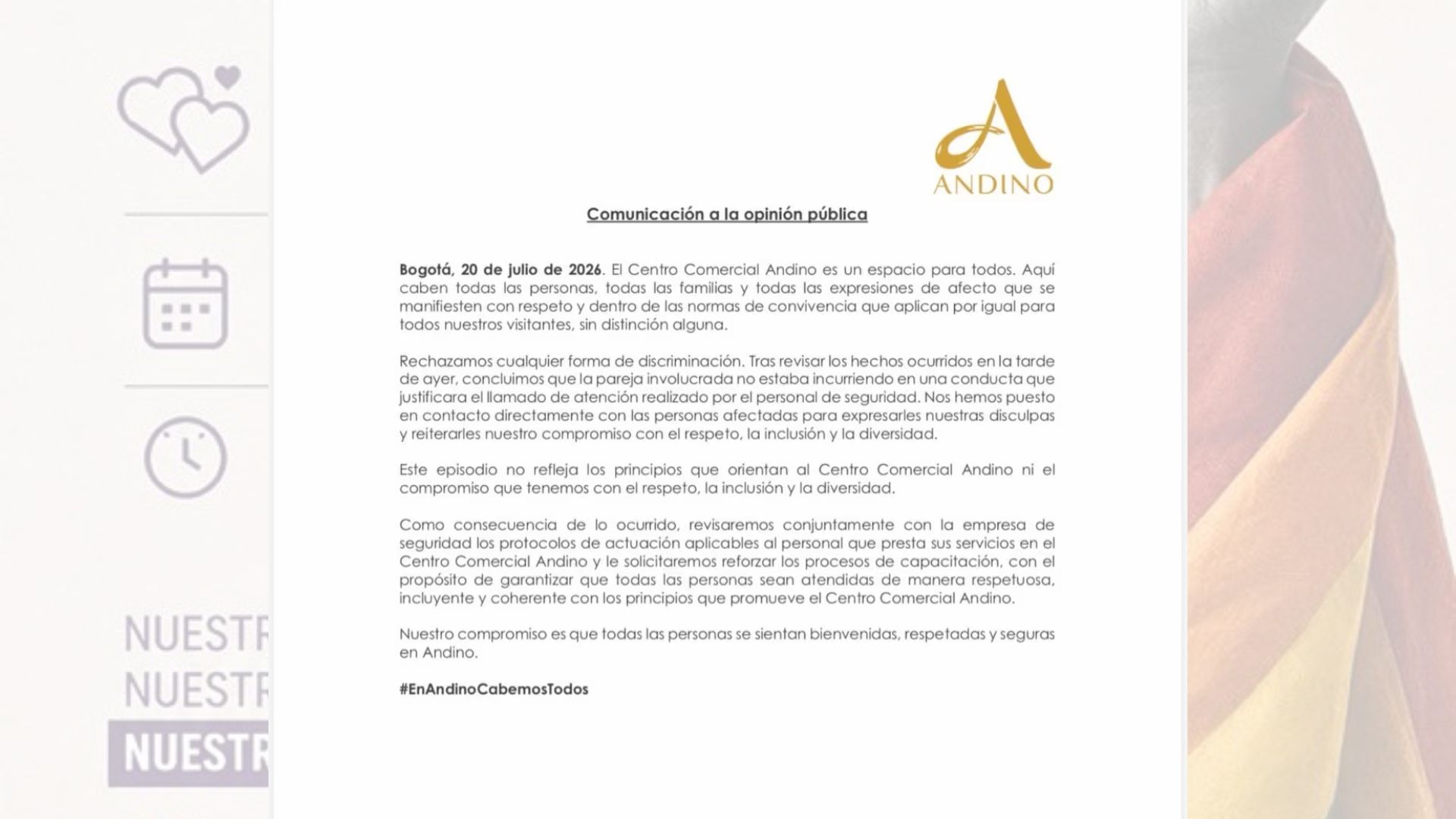 Centro Comercial Andino emitió un comunicado sobre el acto de discriminación.