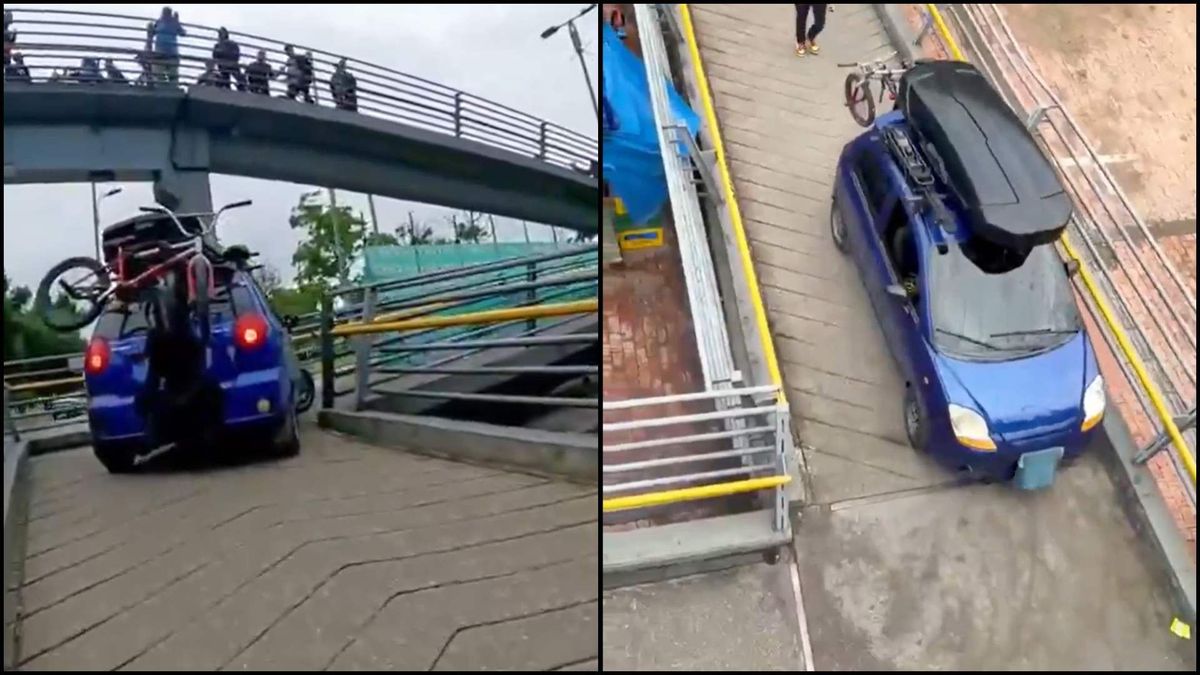 Vehículo que trató de subir puente peatonal en Bogotá.
