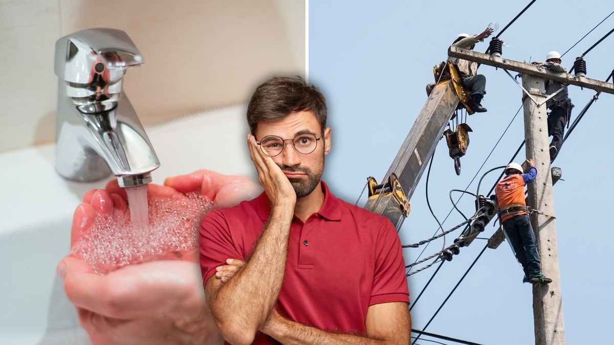Llave de agua, poste de luz y ciudadano preocupado por los cortes
