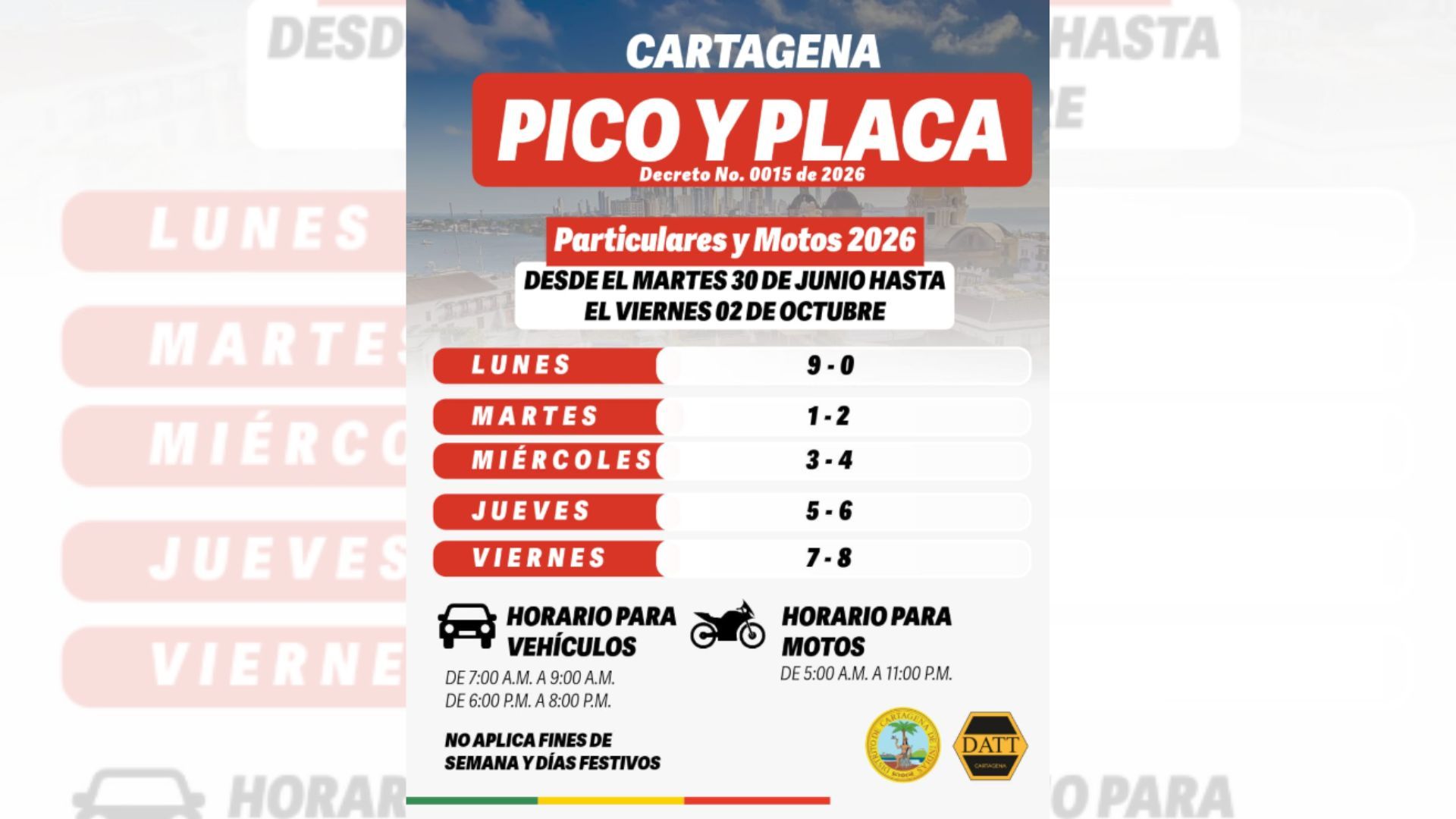 Pico y placa en Cartagena del 3 al 9 de agosto de 2026