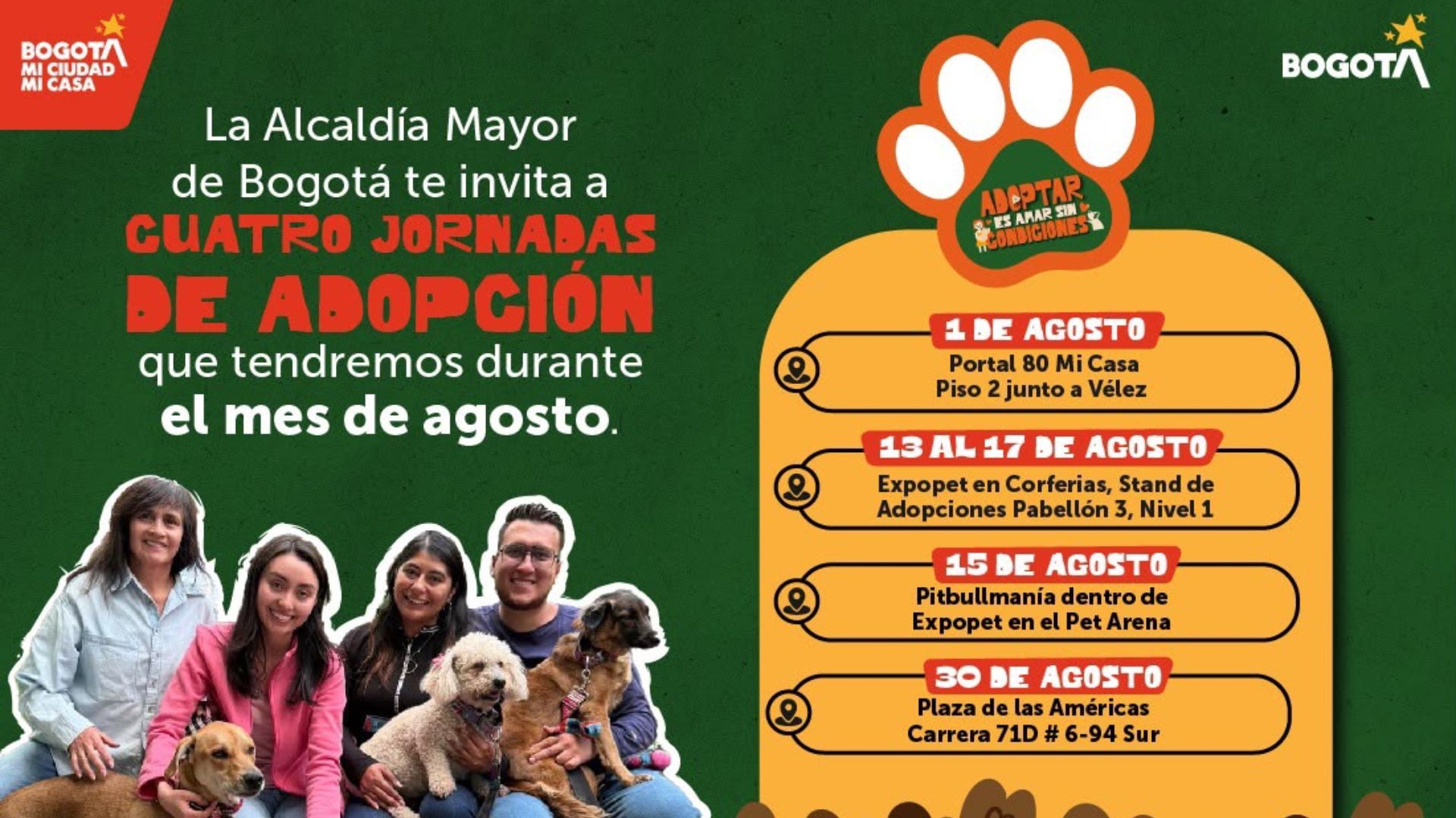 ¿Dónde serán las jornadas de adopción de perros y gatos en Bogotá?