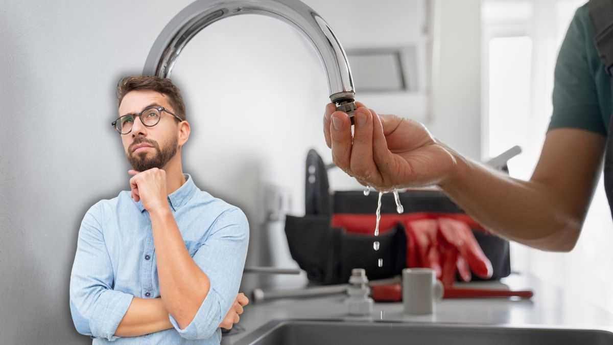 Llave de agua y ciudadano preocupado