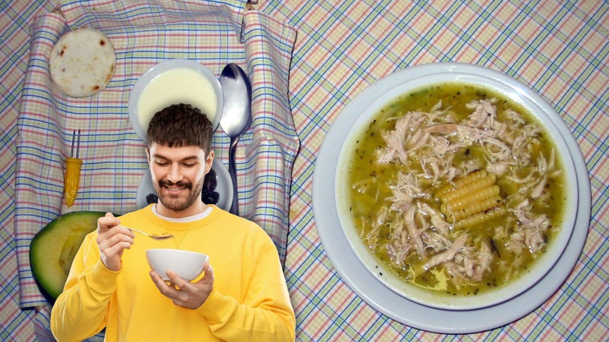 Plato de ajiaco y persona comiendo