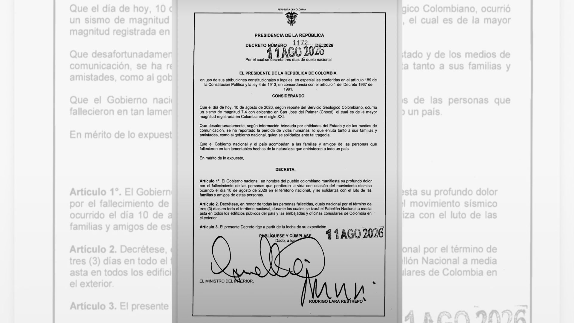 Duelo nacional en Colombia por víctimas del sismo de 7,4 grados