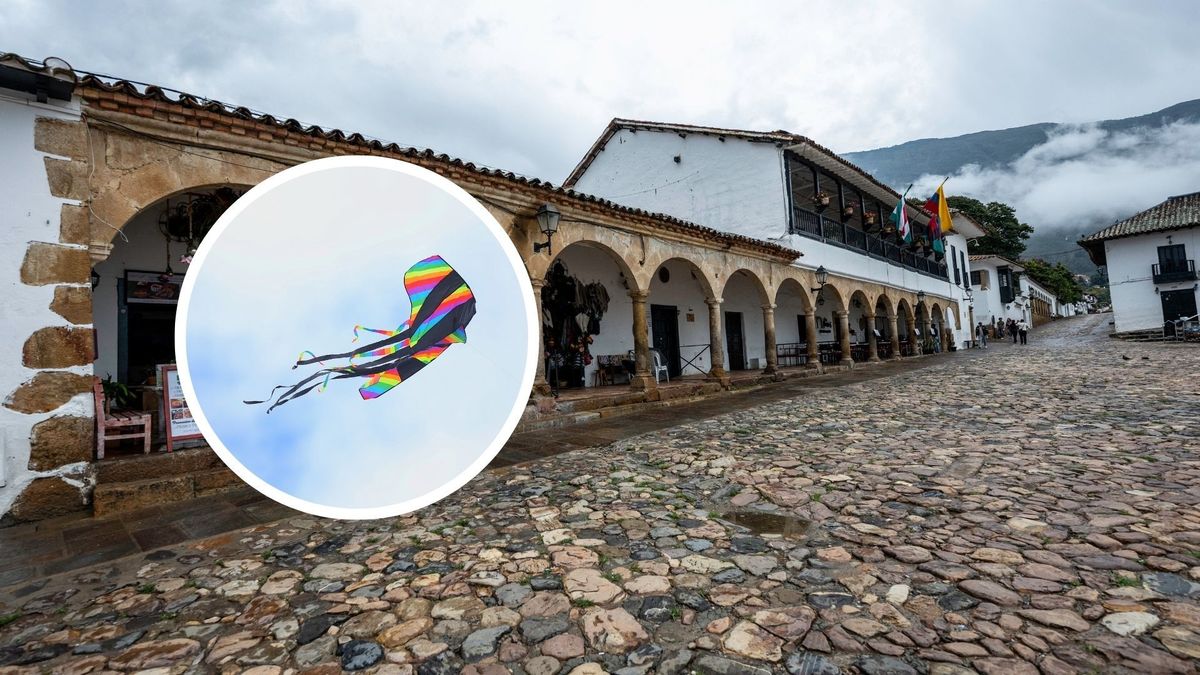 Plaza de Villa de Leyva y cometa en el cielo