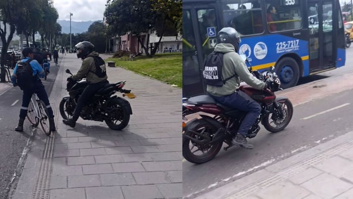 Motociclista invadió ciclorruta en Av. Américas y casi atropella a biciusuario