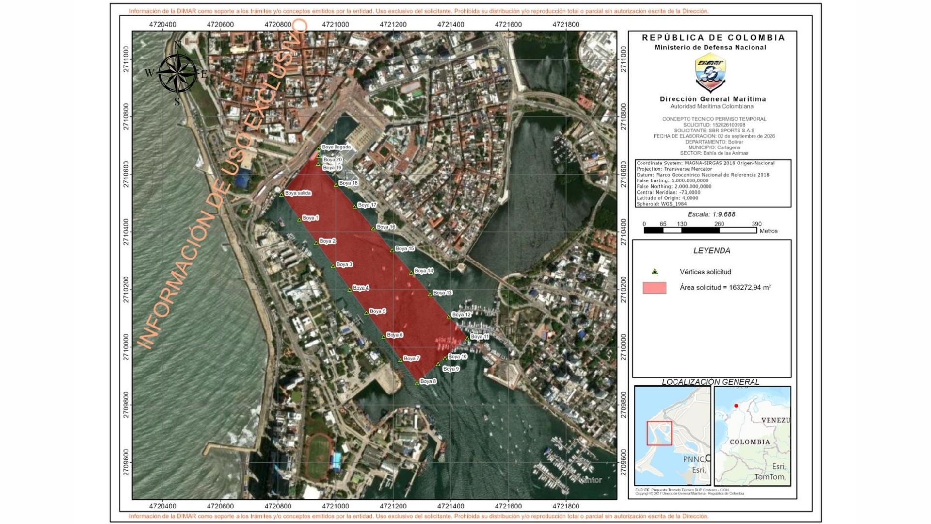 Perímetro del recorrido al interno en la Bahía de Cartagena