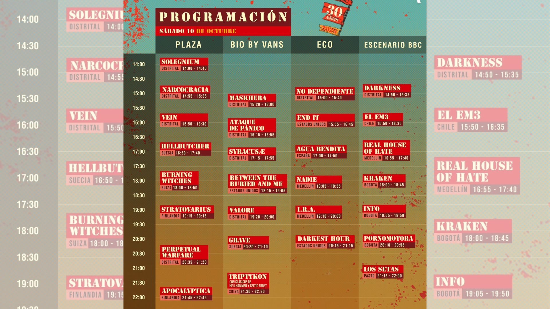 Programación de Rock al Parque 2026: sábado 10 de octubre