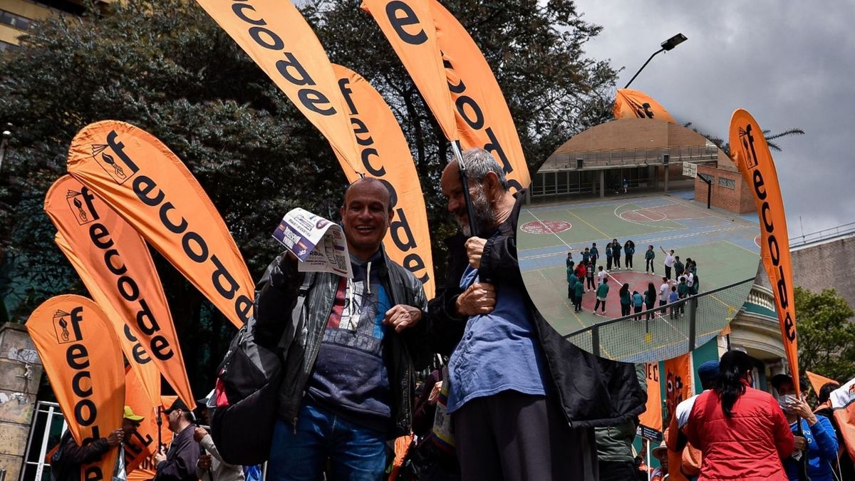 Manifestantes en protesta y estudiantes de colegio