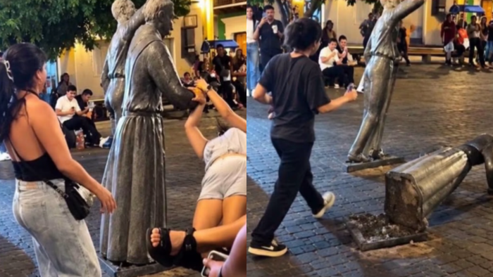 Turista bailó con una estatua en Cartagena y la dañó