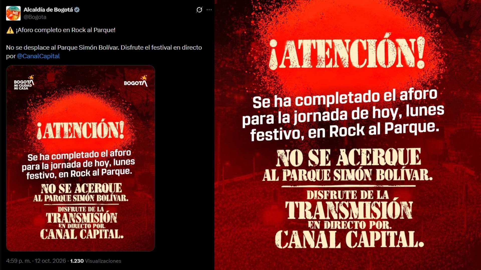 Aviso de aforo completo en Rock al Parque.