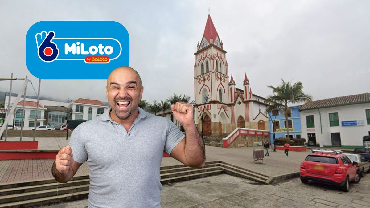 Plaza de Chipaque, persona celebrando y logo del MiLoto