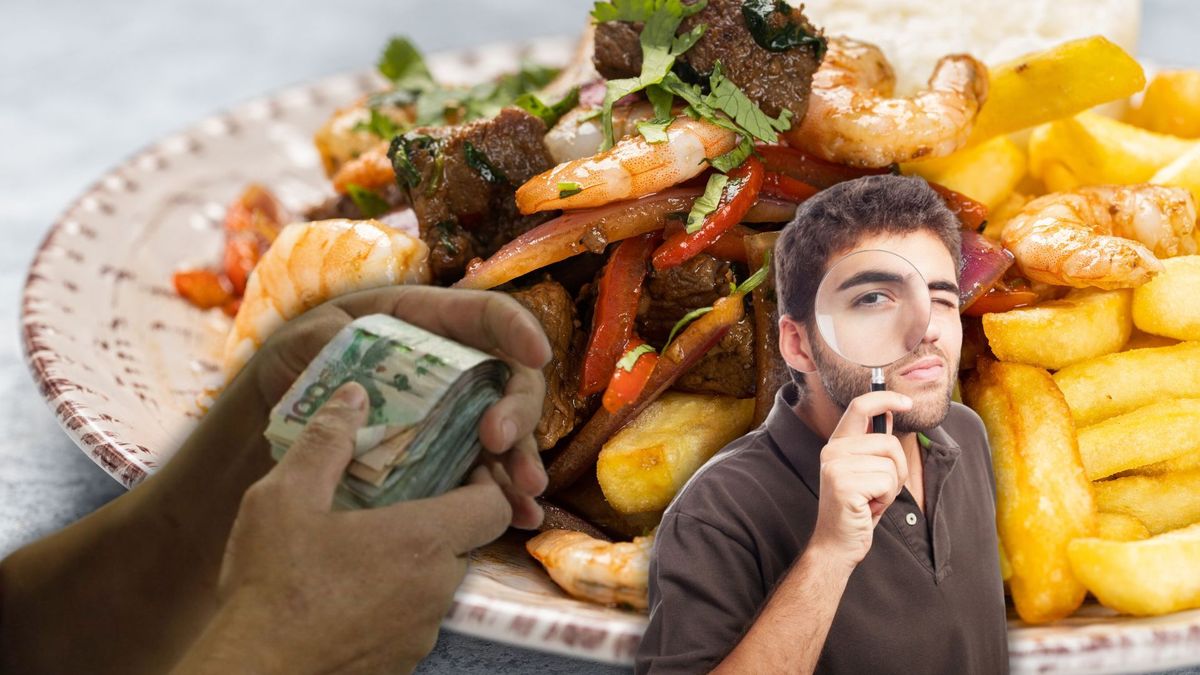 Plato de almuerzo, persona con lupa y billetes colombianos