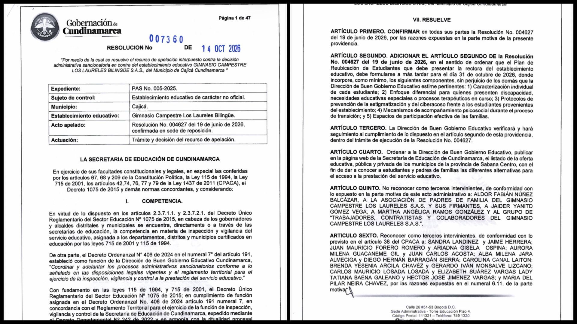 Resolución sobre el colegio de Valeria Afanador.