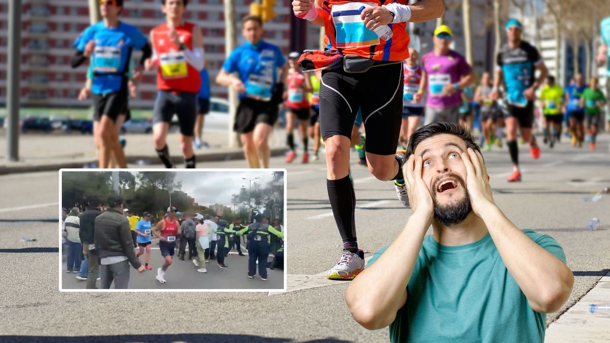 Corredores de running y ciudadano agobiado
