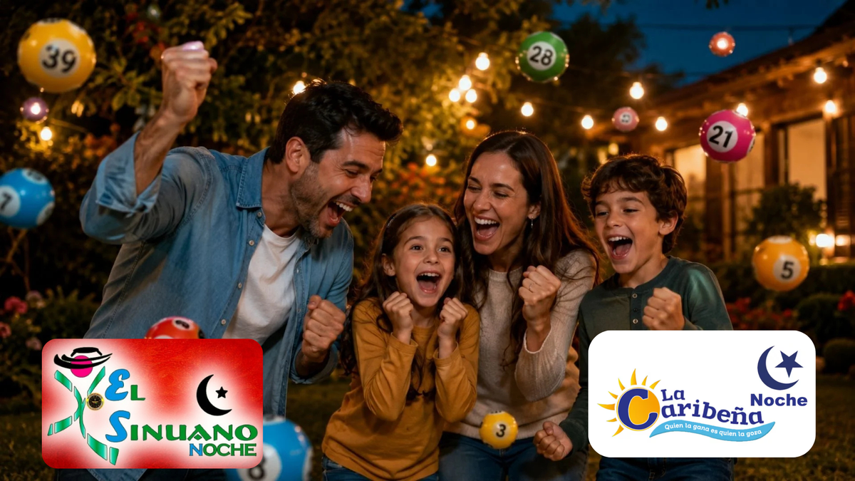 Familia celebrando - logos de El Sinuano Noche y La Caribeña Noche