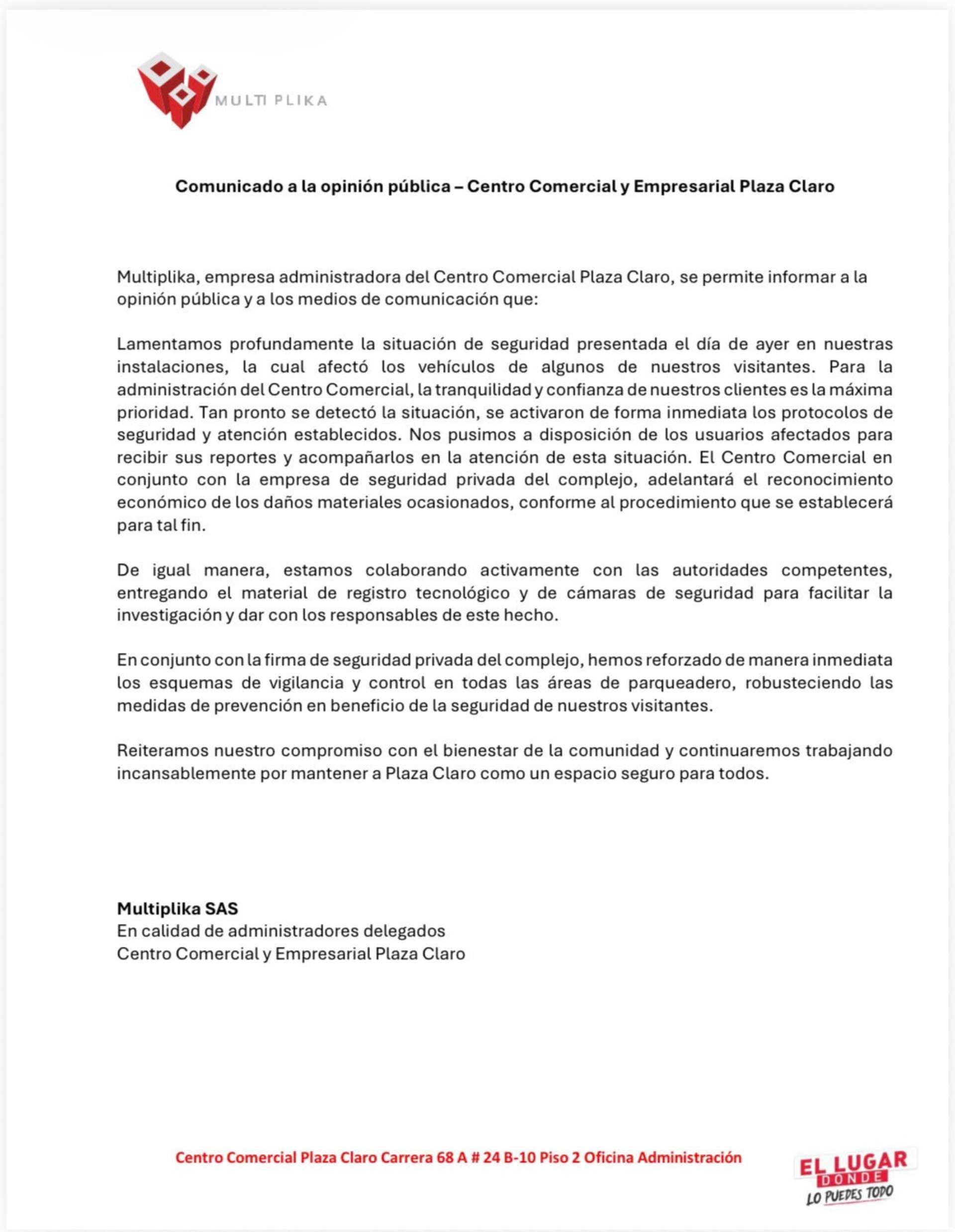 Comunicado de Plaza Claro.